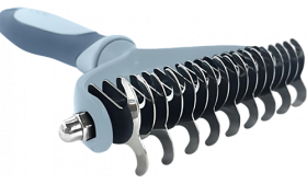 Rastrilho cinzento para gatos com lâminas curvas em aço inox, seguro para desembaraçar e cuidar do pelo, fácil de limpar.