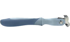 Vista lateral do rastrilho cinzento para gatos com cabo ergonómico fino e lâminas em aço inox para grooming suave.