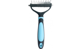 Vista frontal do rastrilho azul para gatos com pega ergonómica e lâminas em aço inox, seguro para peles sensíveis.