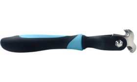 Vista lateral do rastrilho azul para gatos com cabo ergonómico fino e lâminas em aço inox para grooming suave.