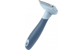 Pente cinzento e azul para remoção de pelo em gatos com lâmina em aço inox, pega ergonómica e design fácil de limpar.