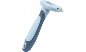 Vista lateral do pente cinzento e azul para remoção de pelo em gatos com cabo ergonómico, seguro e confortável.