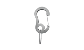 Mosquetão pequeno prateado para chapa identificação gato, topo arredondado e mola com anel para prender tags.