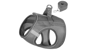 Arnês colete cinzento refletor em nylon leve, com tira ajustável, argola prateada e trela de segurança a condizer.