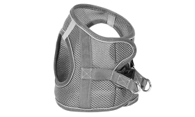 Vista lateral do arnês colete cinzento refletor com argola prateada e tiras ajustáveis para um ajuste seguro e confortável.