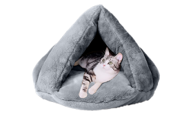 Cama espessa em pelúcia cinzenta com estilo fofo e confortável e textura macia, perfeita para gatos de todas as raças.