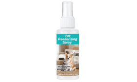 Spray eliminador de odores com ingredientes de origem vegetal e extrato de chá verde, seguro para animais e humanos.