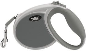 Trela retrátil cinzenta leve para gatos com pega ergonómica e recuo suave para controlo fácil.