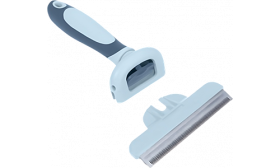 Lâmina removível em aço inox do pente cinzento e azul para remoção de pelo em gatos, com pega ergonómica.